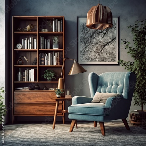 Interior of living room with blue armchair, bookshelf, bookshelf and lamp. © WaniArt