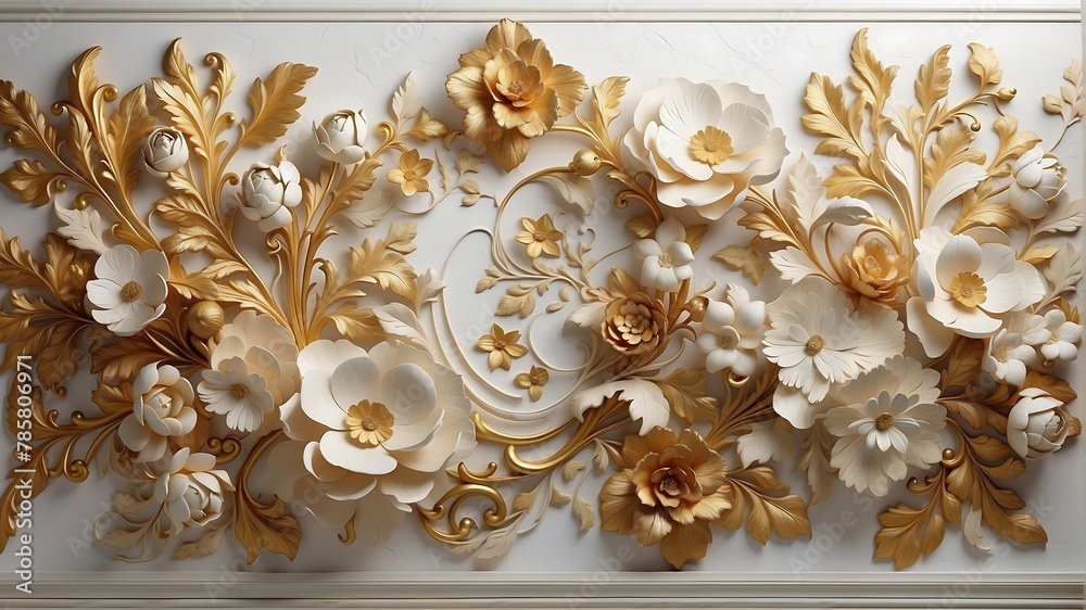 Light decorative texture of a plaster wall with voluminous decorative flowers and golden elements. Light decorative texture of a plaster wall with voluminous decorative flowers and golden elements.