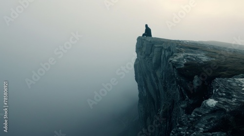 A lone figure sits atop a cliff back facing the camera as they contemplate the hidden secrets of the world below. . . photo