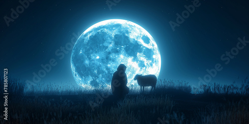 Silhouette of man shepherd with his sheep against moon at blue night. Eid Al-Adha greeting scene
