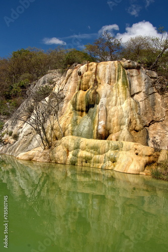 Algae growing on a travertine rock formation above a pool at Hierve el Agua in San Lorenzo Albarradas, Oaxaca, Mexico