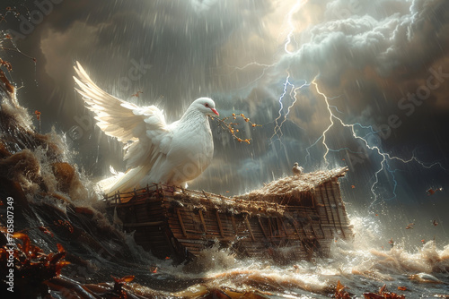 A white dove with an olive branch in its mouth. Noah's Ark, a violent storm, and a sky filled with lightning. A crack in the sky through which light shines. Concept of Noah's Ark from the Old Testamen photo