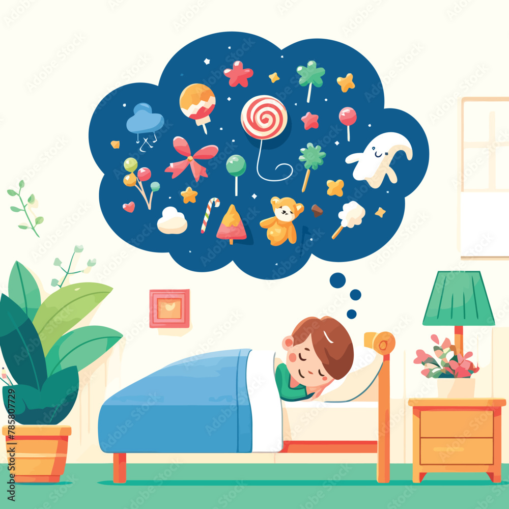 Obraz premium illustration of child sleeping and dreaming of wonderful things in flat design style