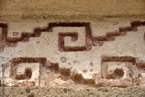 Painted fretwork on the Palace, in Mitla, in San Pablo Villa de Mitla, Oaxaca, Mexico photo