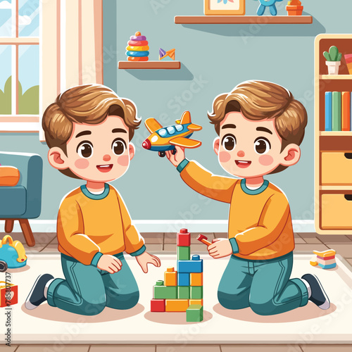 illustration of  twin brothers playing together in flat design style