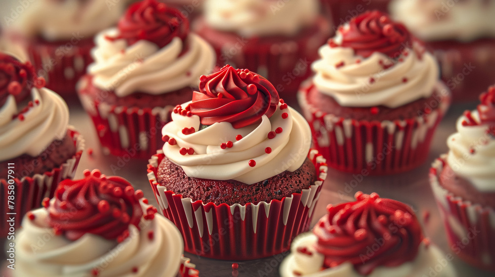 A collection of red velvet cupcakes topped with cream cheese frosting, presented from both side and top perspectives, forming a delicious food bundle.