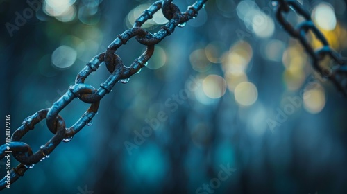 Hazy outoffocus shapes of broken locks and chains symbolizing the loss of security as a result of a data breach with ominous shadows lurking in the background hinting at the unseen . photo