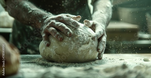 A shot of a bakers hands expertly shaping a ball of dough into a perfect loaf. The lighting highlights the intricate details of their handiwork. .