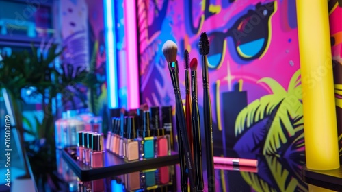 Bold graffitistyle letters spelling out Disco Nights serve as the backdrop for the podium featuring discoinspired makeup brushes and . . photo