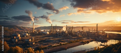 Panoramic view of oil refinery at sunset. Oil industry. photo