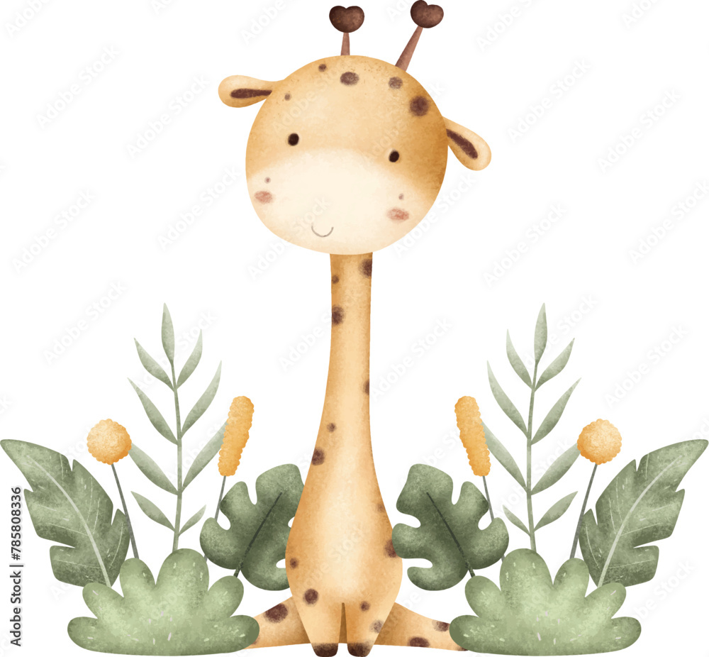 Fototapeta premium Watercolor Illustration Giraffe and Tropical Leaves