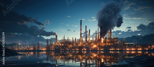 Oil refinery at night. Oil and gas industry. Panorama.