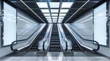 Blank mockup of a train station with digital ad panels lining the escalators. .