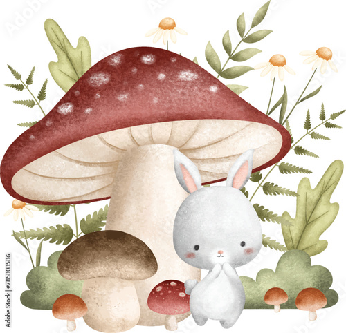 Watercolor Illustration Rabbit under Mushroom with Leaves and Flowers at Forest