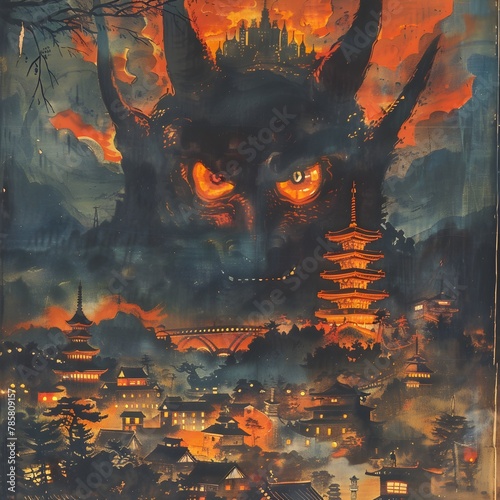 Rabbit Bat Kaiju Looms Over Fiery Japanese City Skyline with Traditional Pagodas