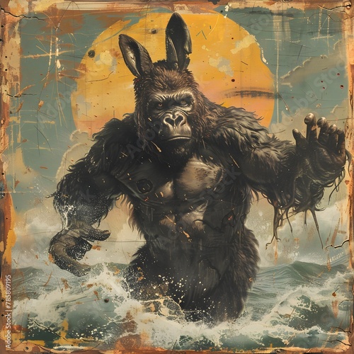 A Ferocious Kaiju Inspired Gorilla Rabbit Hybrid Emerges from the Tumultuous Seas in a Dramatic 1940s Japanese Inspired