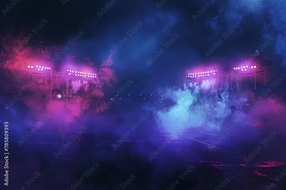 dramatic bright stadium arena lights shining through smoke at night digital painting - obrazy, fototapety, plakaty 