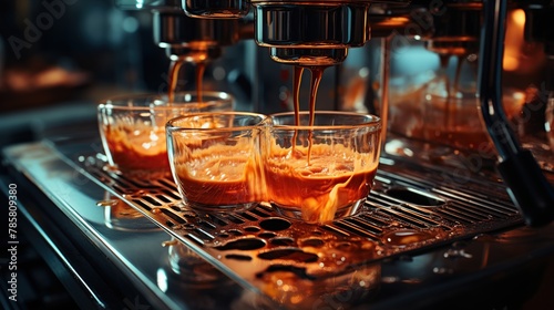 Coffee machine making espresso in a cafe, close-up