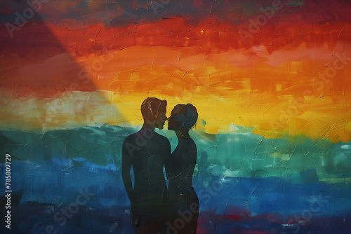 Couple in love with LGBTQ colors, captured in a tender embrace amidst the vibrant hues of the pride flag