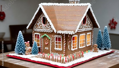 A large beautifully decorated gingerbread house is on the table