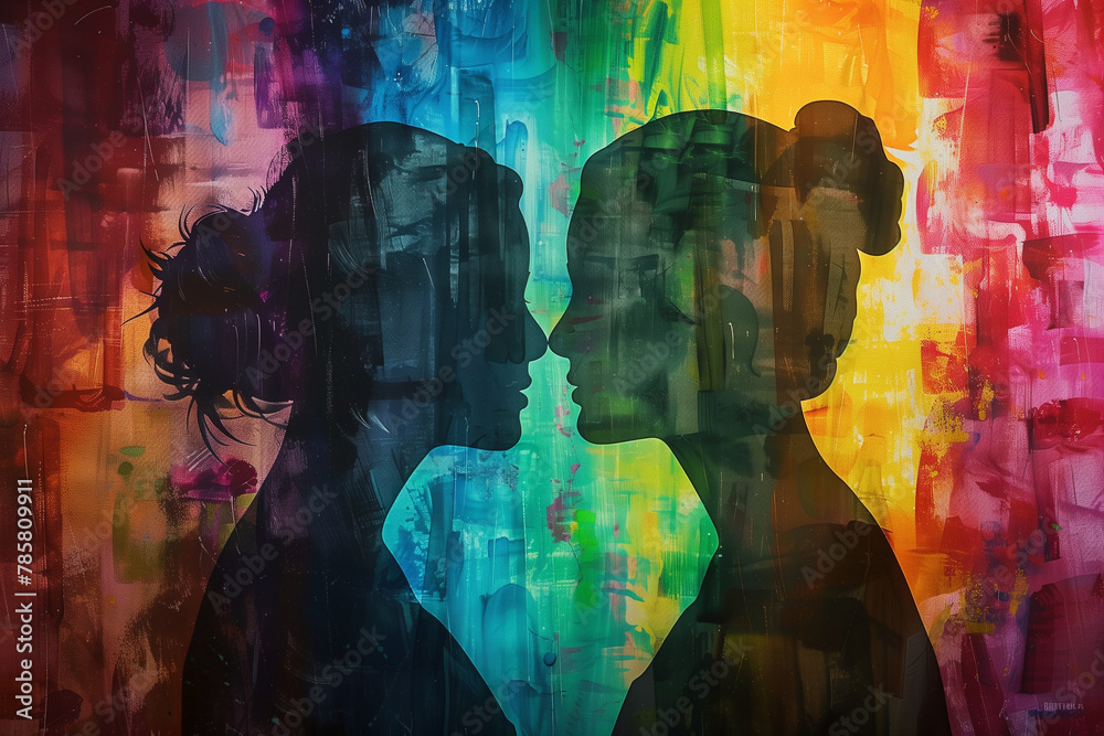 Lesbian couple in love with LGBT colors to celebrate gay pride day, their silhouettes illuminated by the vibrant colors of the pride flag, symbolizing their love and commitment to each othe