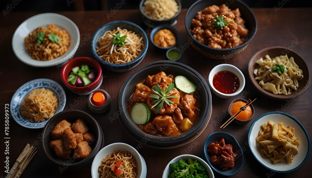 Various Chinese cuisine set. renowned Chinese meals displayed on a table. top view. Chinese restaurant concept. 