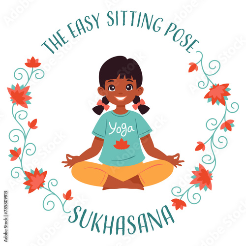 Kid girl doing yoga Lotus easy pose Sukhasana. Fitness concept. Flat vector illustration on white