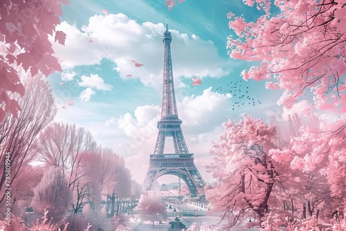 dreamy cotton candy pink eiffel tower in whimsical paris fantasy scene digital art