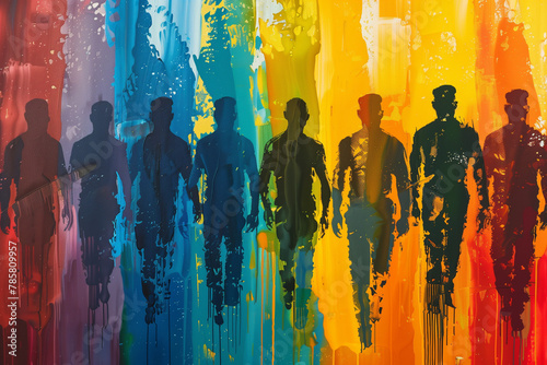 Group of LGBTQ people on a background of gay pride colors, standing together in solidarity and love, silhouetted against the vibrant rainbow backdrop