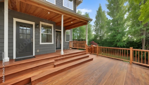 Back yard house exterior with wooden walkout deck and porch photo