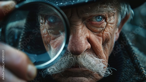 An elderly man, dressed in vintage attire, intensely examines a clue through a magnifying glass.