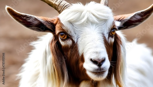 Closeup of beautifully colored goat with long, floppy ears. Sweet medium sized goat with long floppy ears and beautifully colored face.