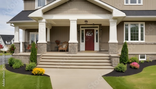 Countryside house exterior. View of entrance porch and curb appeal. Countryside house exterior. View of entrance column porch with stairs and walkway
