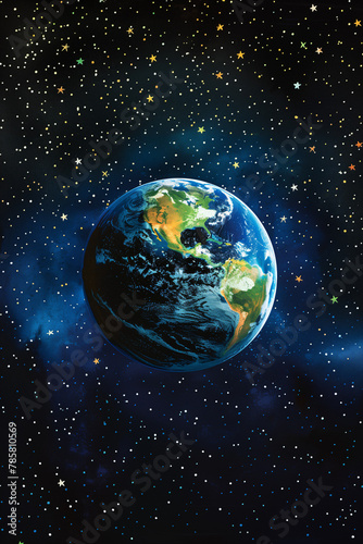Planet earth floating in outer space, Educational illustration for children about astronomy and the solar system. Vertical image with copy space for teachers and educators.