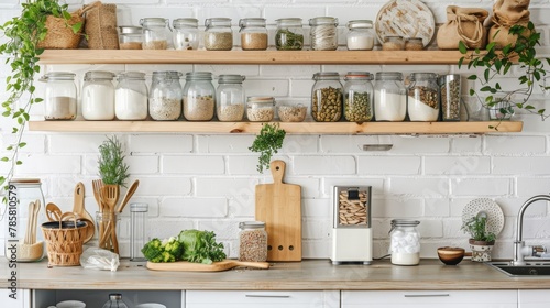 A minimalist kitchen scene featuring zero-waste lifestyle choices, such as reusable containers, bulk foods, and eco-friendly utensils, illustrating the simplicity and impact of reducing waste.