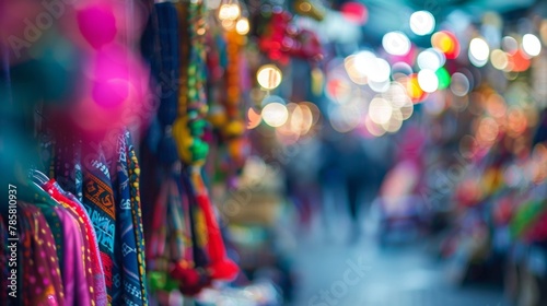 A blurred sea of people and stalls creates a hazy and cluttered backdrop for the vibrant fashion scene unfolding in the foreground. .