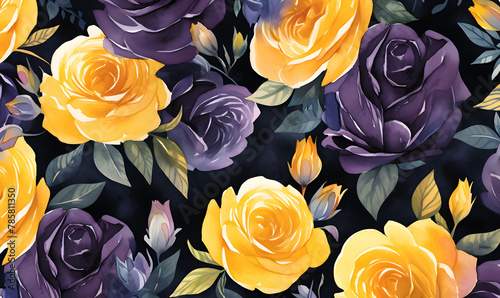 Dark purple and yellow rose pattern, watercolor painting,Generative AI