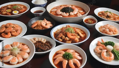 korean food on the table, seafood, hot food