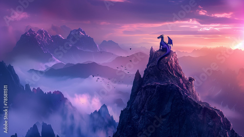 Majestic Dragon Perched Atop a Craggy Mountain at Sunset