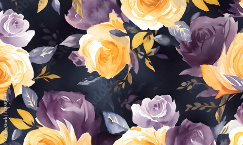 Dark purple and yellow rose pattern, watercolor painting,Generative AI