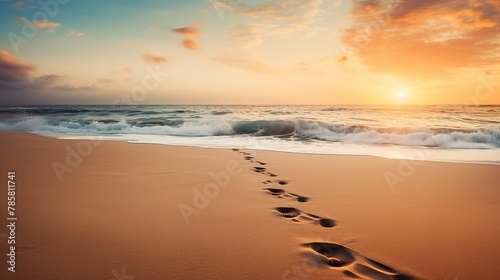 footsteps on the beach, waves at sunset © madha
