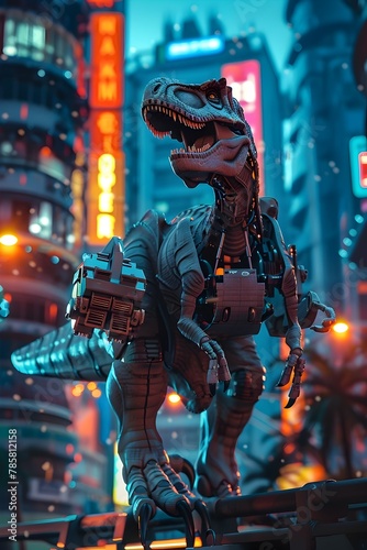 Robotic T-Rex Navigating City at Nightfall,Futuristic Sci-Fi Landscape with Neon Lights and Towering Architecture