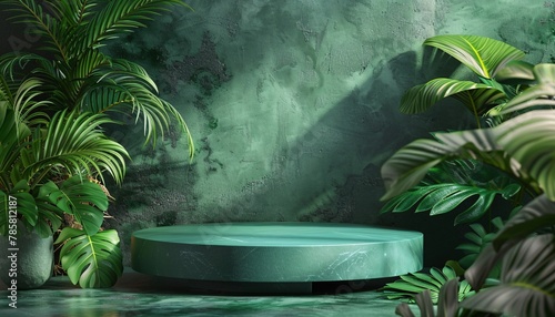 product display podium in green room with tropical plants. Product presentation theme. Nature and Organic cosmetic and food concept. 3D illustration rendering