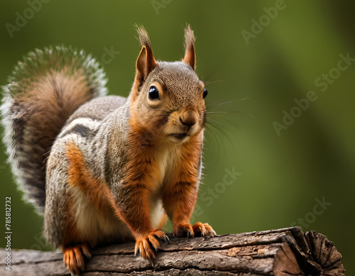 Squirrel on Tree Stump with Green Forest Background photo