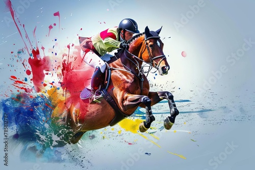 dynamic equestrian horse jumping over colorful paint splash sports illustration