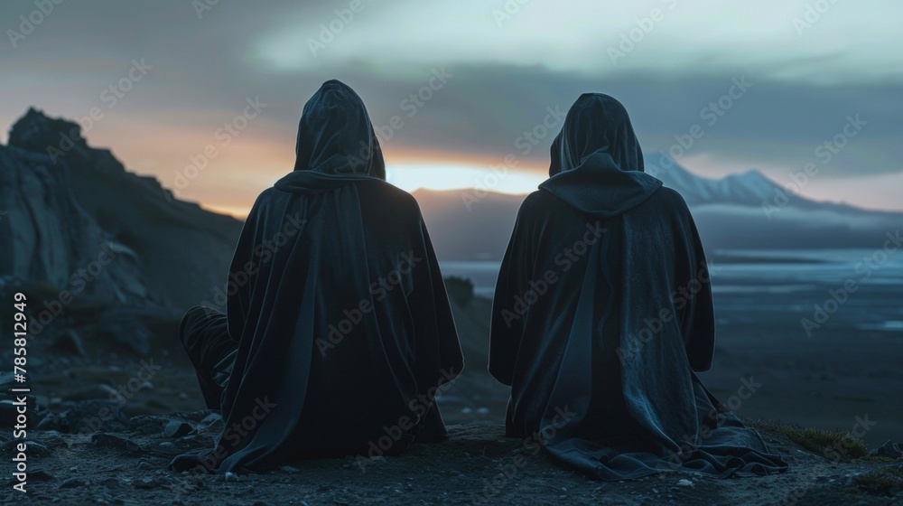 Two hooded figures sit with backs to each other whispering secrets and plans in low voices as they plot next quest to . . Two hooded figures sit with backs to each other whispering secrets and plans in low voices as they plot next quest to . .