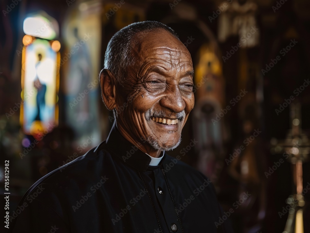 A priest's serene smile, capturing the essence of peace and devotion in the church 