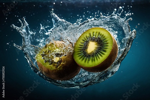 Fresh kiwi falling in water splash on dark background