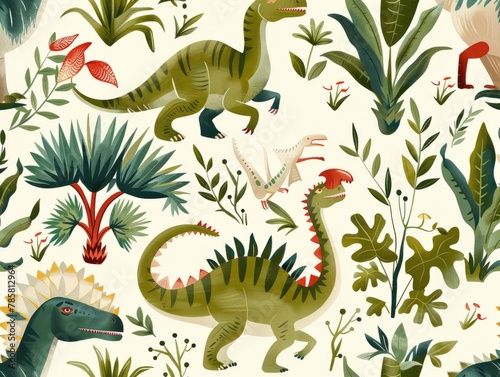 A seamless pattern showcasing various dinosaurs in a jungle setting  © Johannes