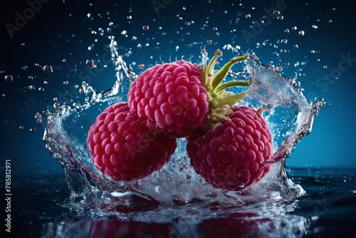 Fresh raspberries with water splash on blue background